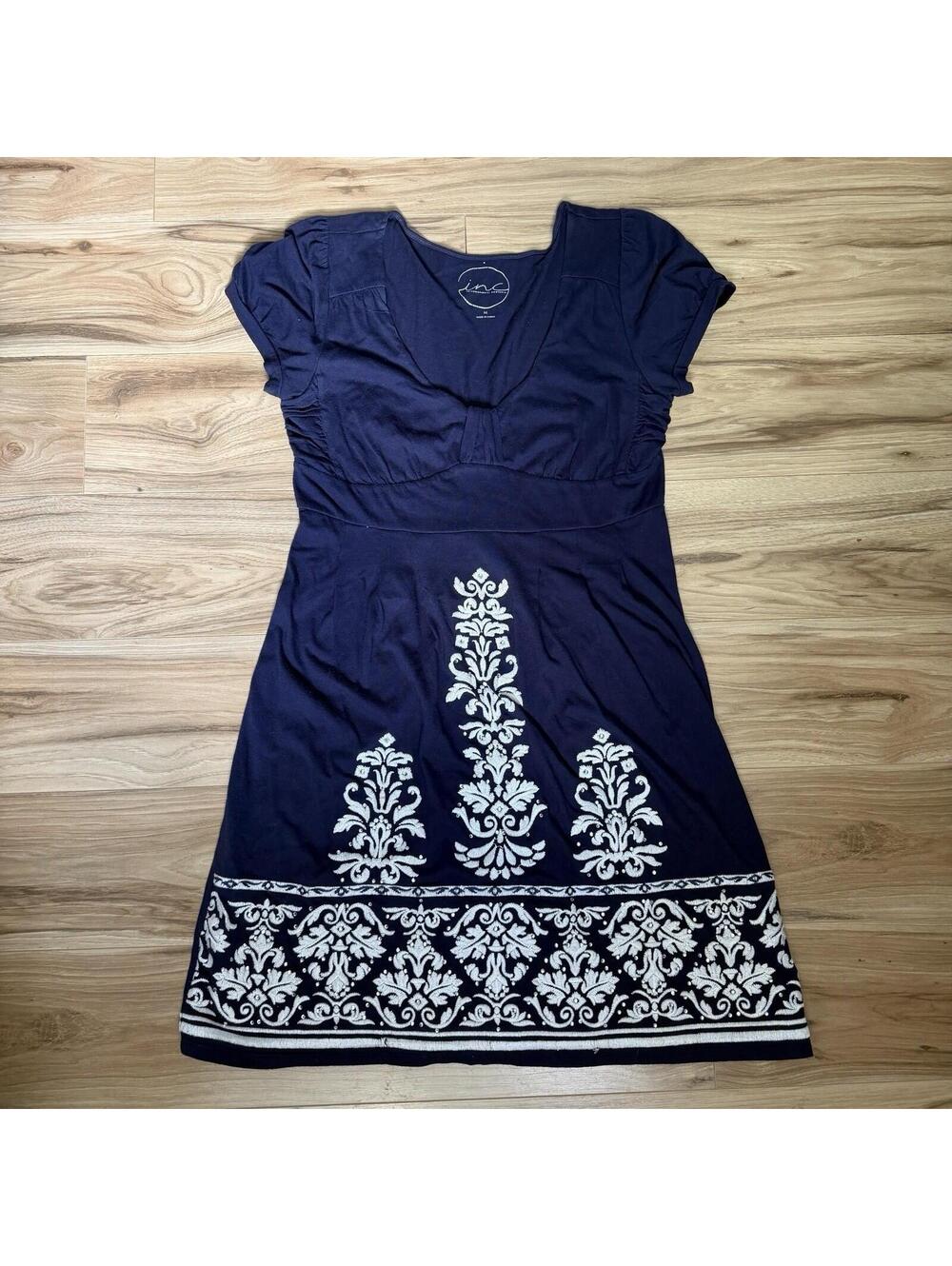 INC International Concepts Navy Embroidered Rhinestone Dress Empire Waist M